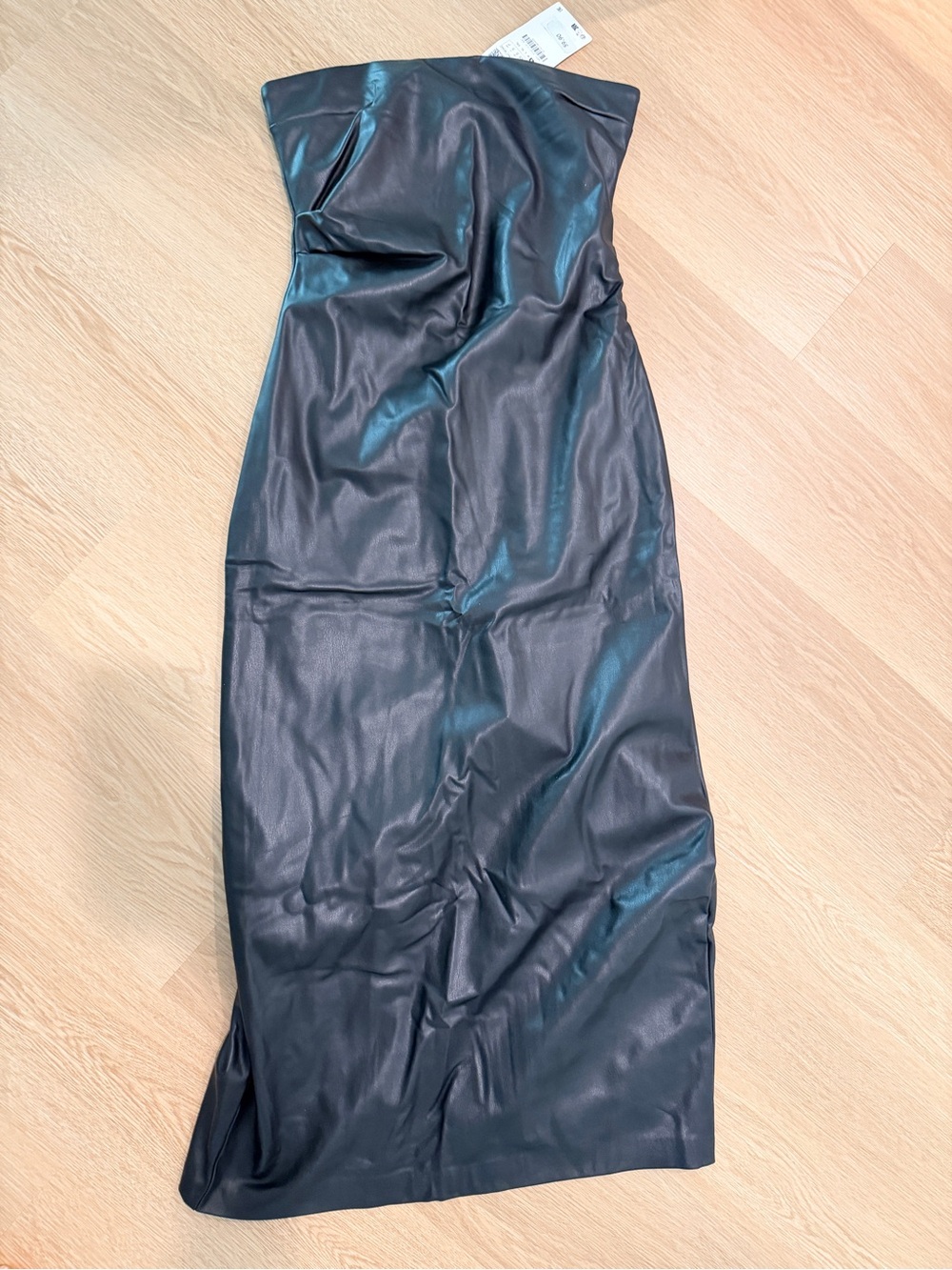 Zara Strapless Black Faux Leather Midi Dress